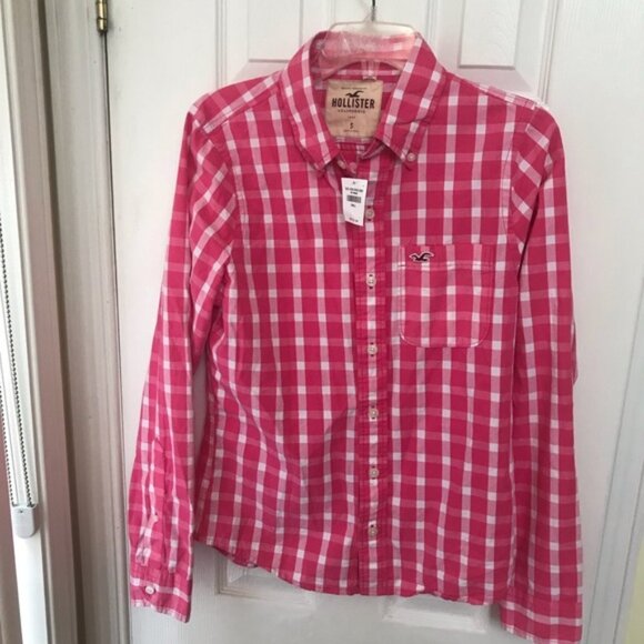 Hollister NEW Cotton Gingham Check Button Shirt Top Blouse Pink Long Sleeves S - Picture 1 of 14